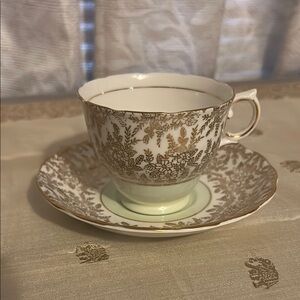 Vintage Colclough China Gold Flower and Leaf Pattern Teacup & Saucer.